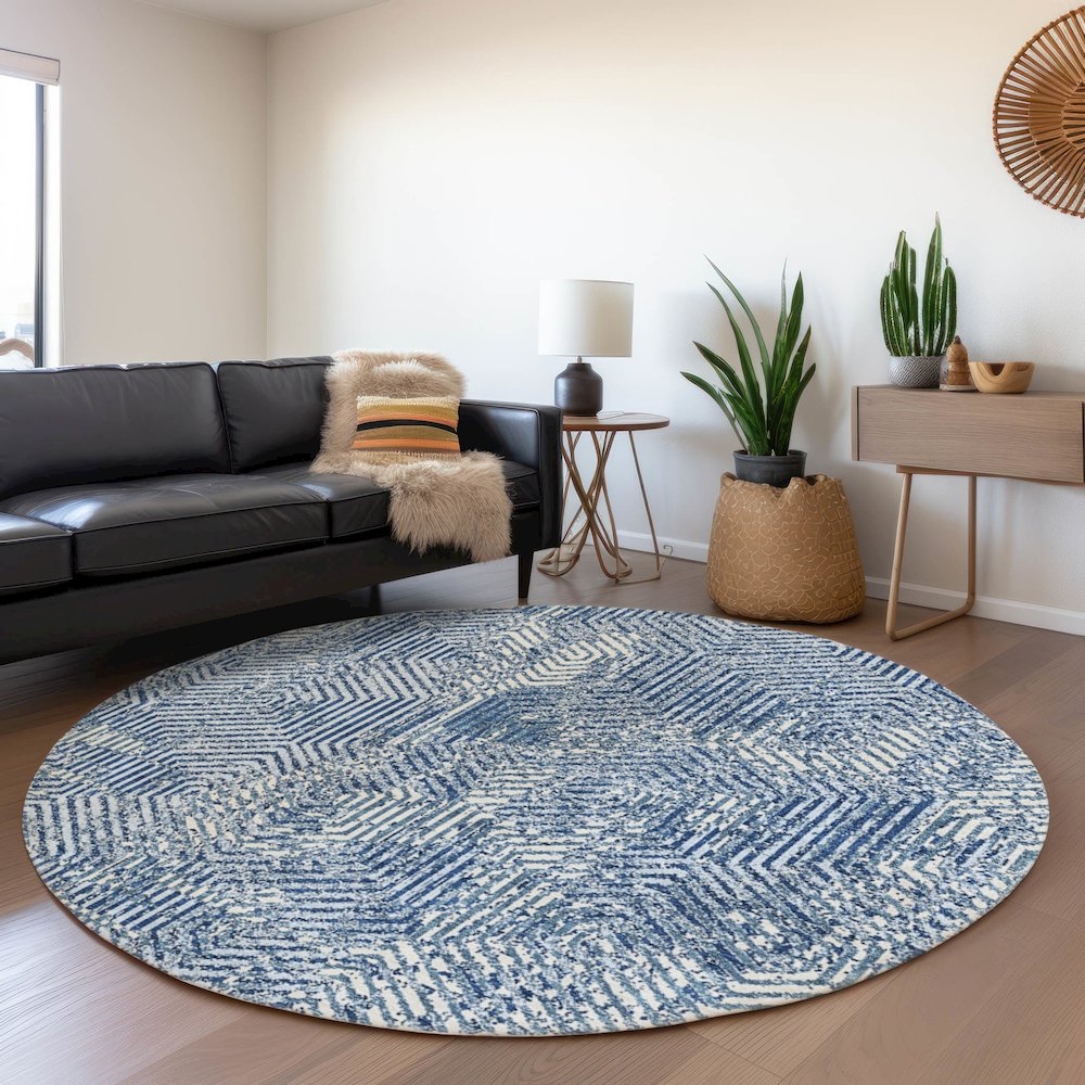 Premium Machine Washable Mayfield AMF912 Navy 8' x 8' Round Rug. Picture 5