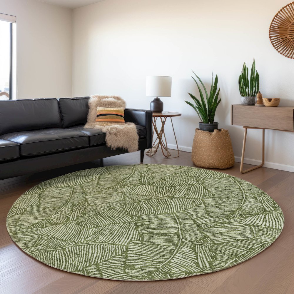 Premium Machine Washable Mayfield AMF913 Olive 8' x 8' Round Rug. Picture 5