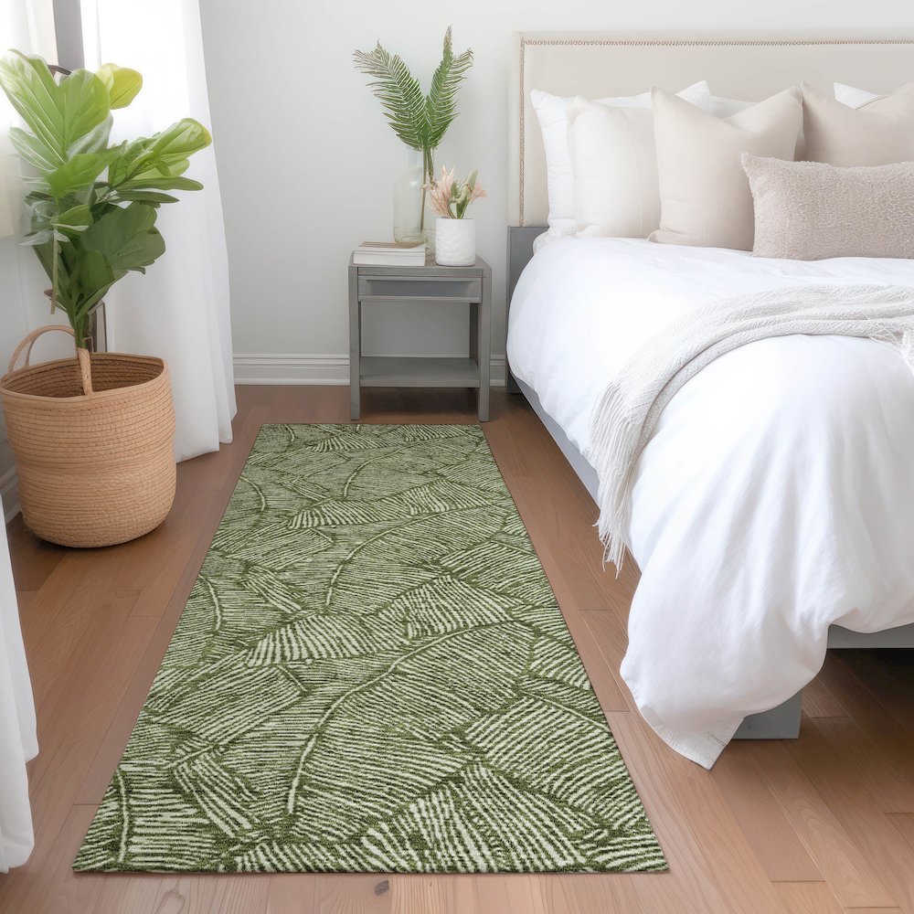 Premium Machine Washable Mayfield AMF913 Olive 2'3" x 7'6" Runner Rug. Picture 5