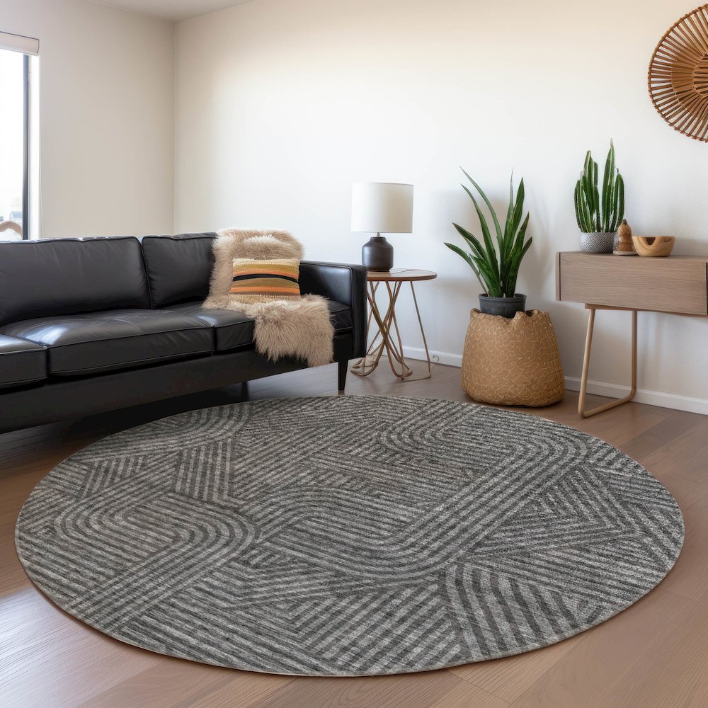 Premium Machine Washable Mayfield AMF917 Charcoal 8' x 8' Round Rug. Picture 5