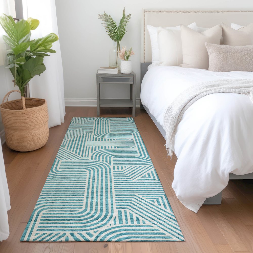 Premium Machine Washable Mayfield AMF917 Teal 2'3" x 7'6" Runner Rug. Picture 5