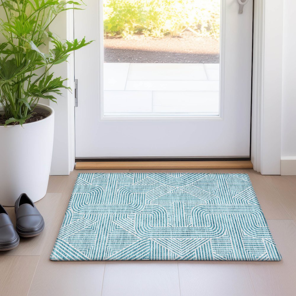 Premium Machine Washable Mayfield AMF917 Teal 1'8" x 2'6" Rug. Picture 5