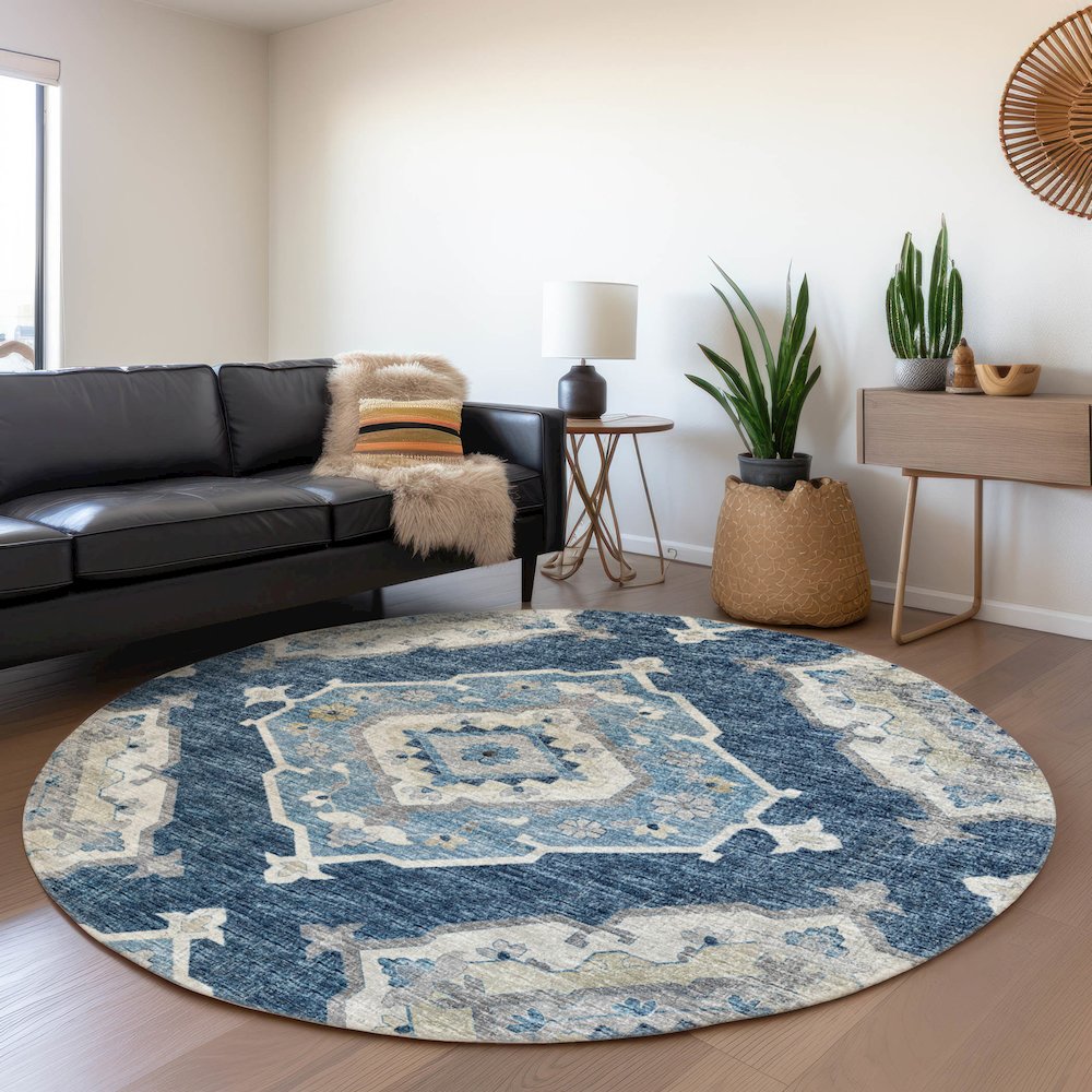 Premium Machine Washable Mayfield  Blue 8' x 8' Round Rug. Picture 5