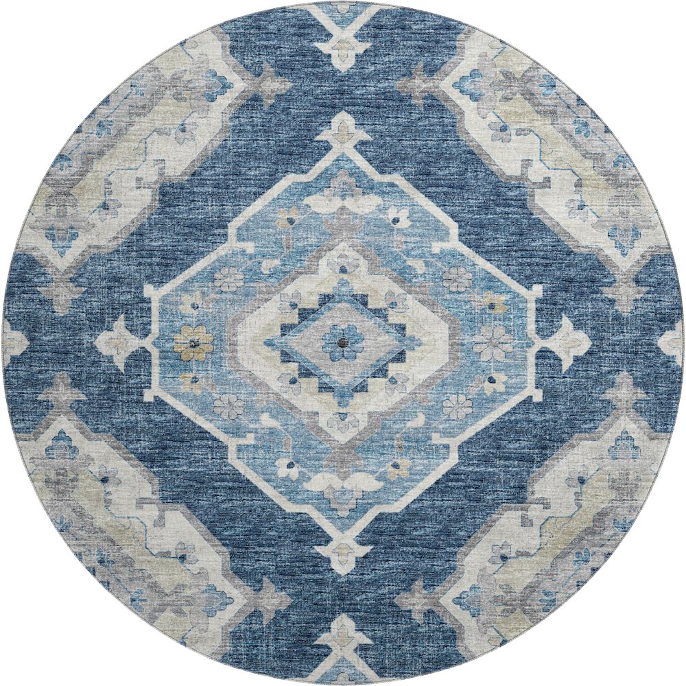 Premium Machine Washable Mayfield  Blue 8' x 8' Round Rug. Picture 1