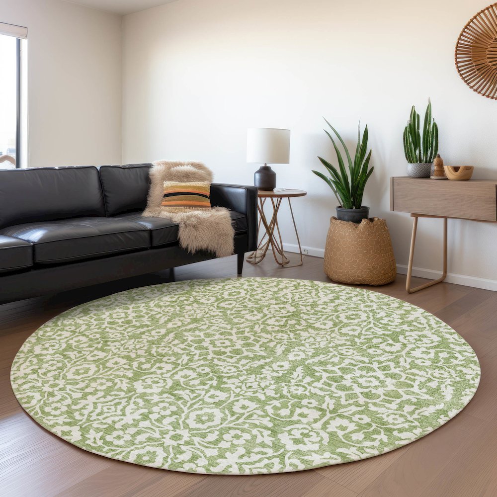 Premium Machine Washable Mayfield AMF920 Green 8' x 8' Round Rug. Picture 5