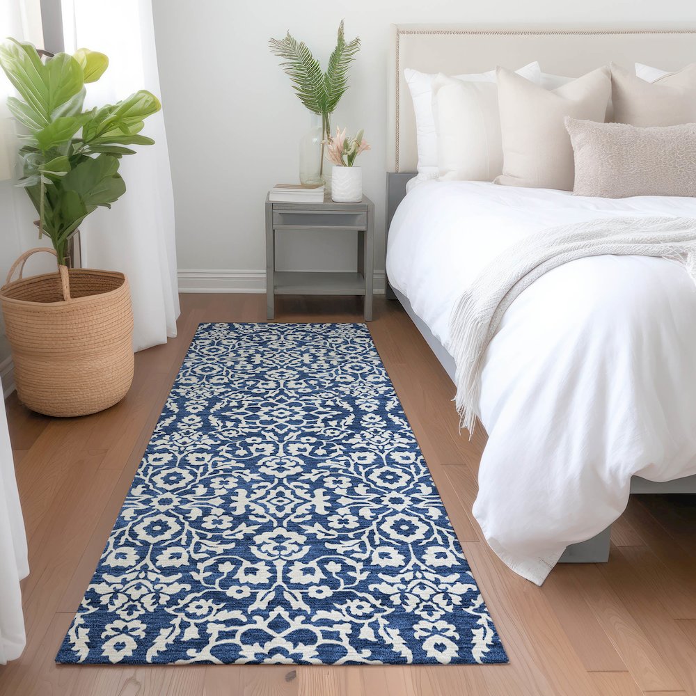 Premium Machine Washable Mayfield AMF920 Navy 2'3" x 7'6" Runner Rug. Picture 5