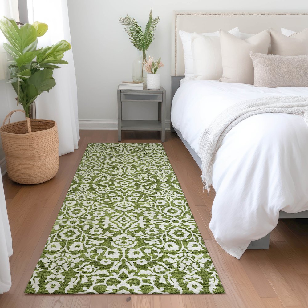 Premium Machine Washable Mayfield AMF920 Olive 2'3" x 7'6" Runner Rug. Picture 5