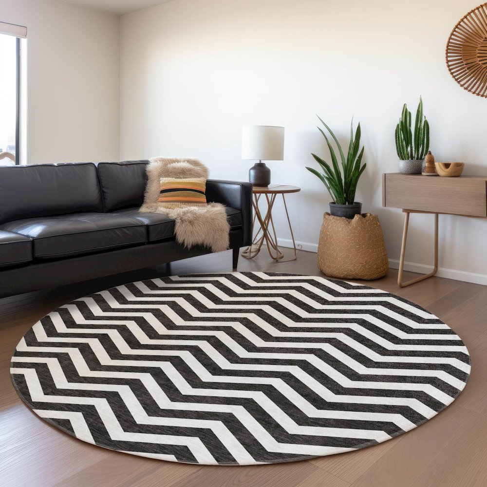 Premium Machine Washable Mayfield AMF922 Black 8' x 8' Round Rug. Picture 5
