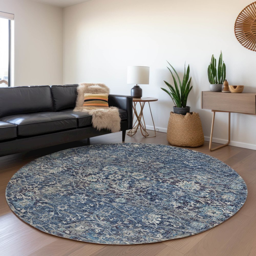 Premium Machine Washable Mayfield  Blue 8' x 8' Round Rug. Picture 5