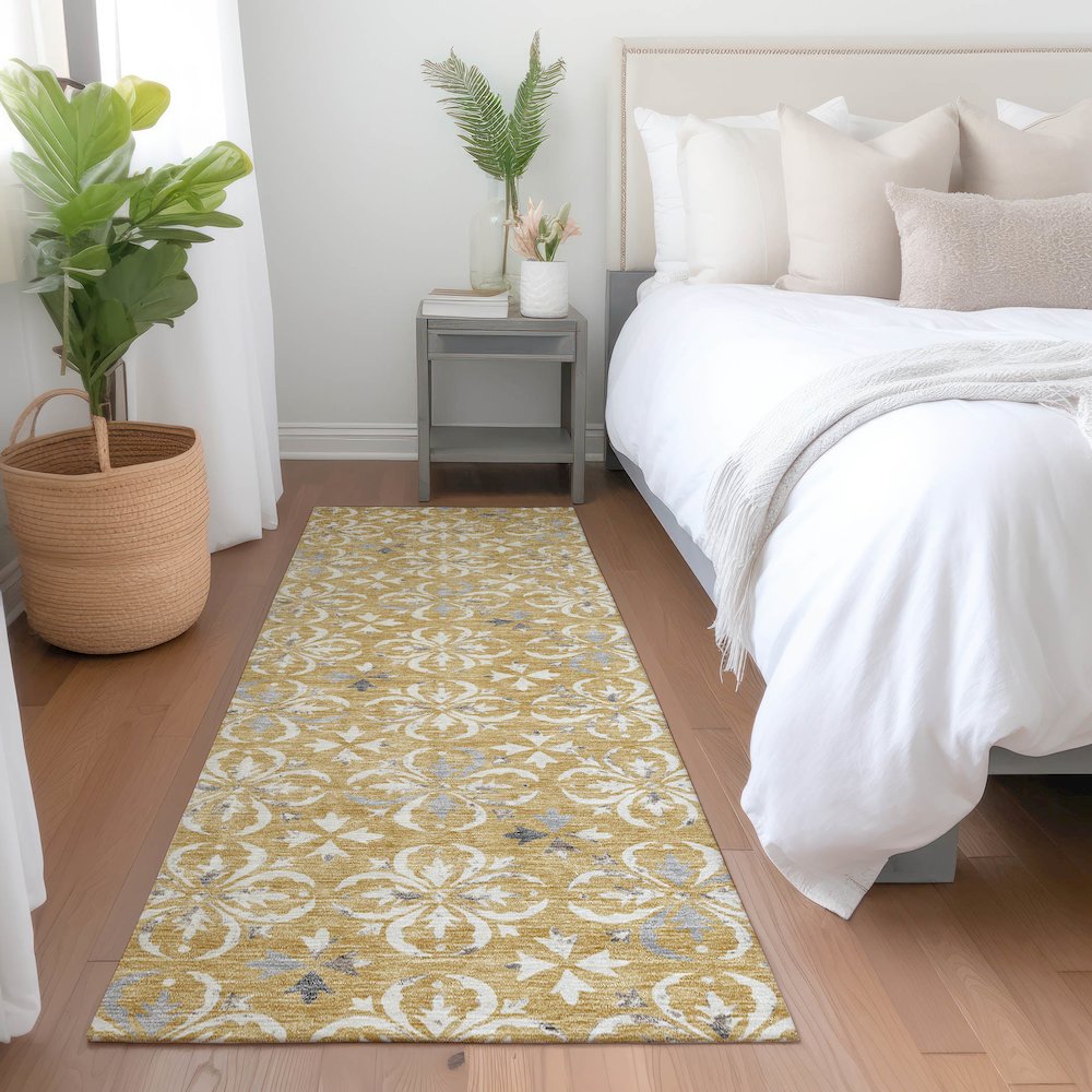 Premium Machine Washable Mayfield AMF930 Gold 2'3" x 7'6" Runner Rug. Picture 5