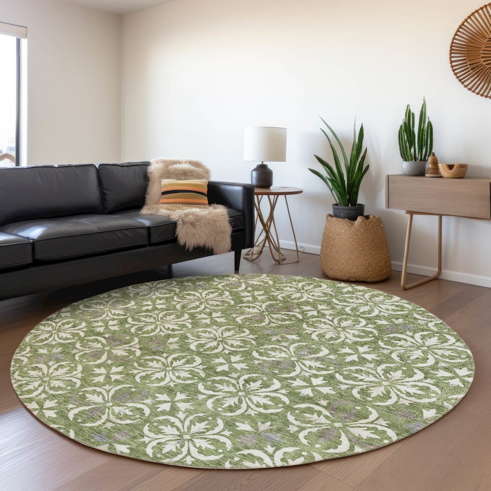 Premium Machine Washable Mayfield AMF930 Green 8' x 8' Round Rug. Picture 5