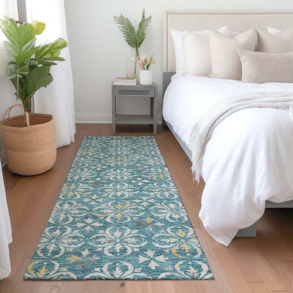 Premium Machine Washable Mayfield AMF930 Teal 2'3" x 7'6" Runner Rug. Picture 5