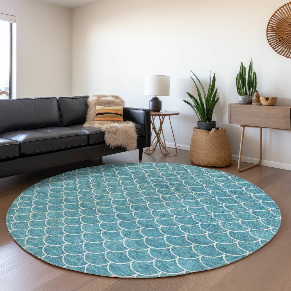 Premium Machine Washable Mayfield AMF933 Teal 8' x 8' Round Rug. Picture 5