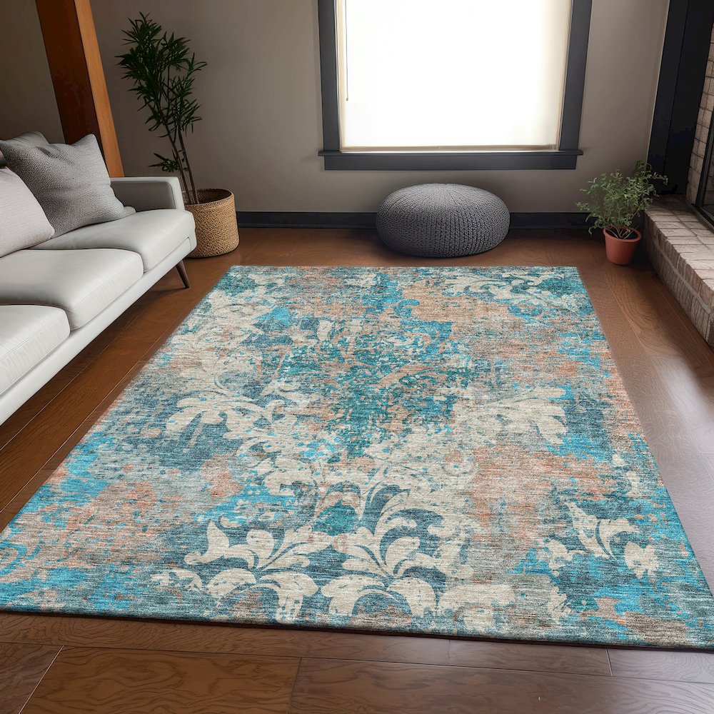 Premium Machine Washable Mayfield AMF936 Teal 2'6" x 3'10" Rug. Picture 6