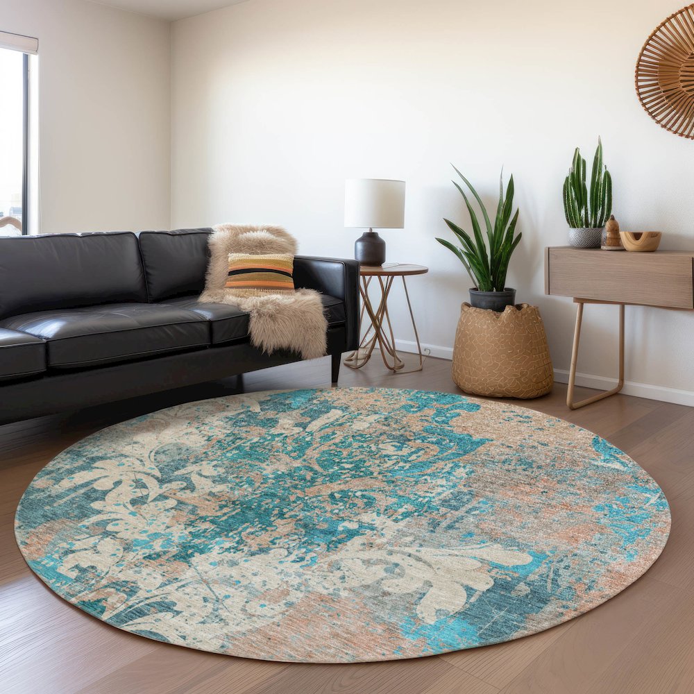 Premium Machine Washable Mayfield AMF936 Teal 8' x 8' Round Rug. Picture 5