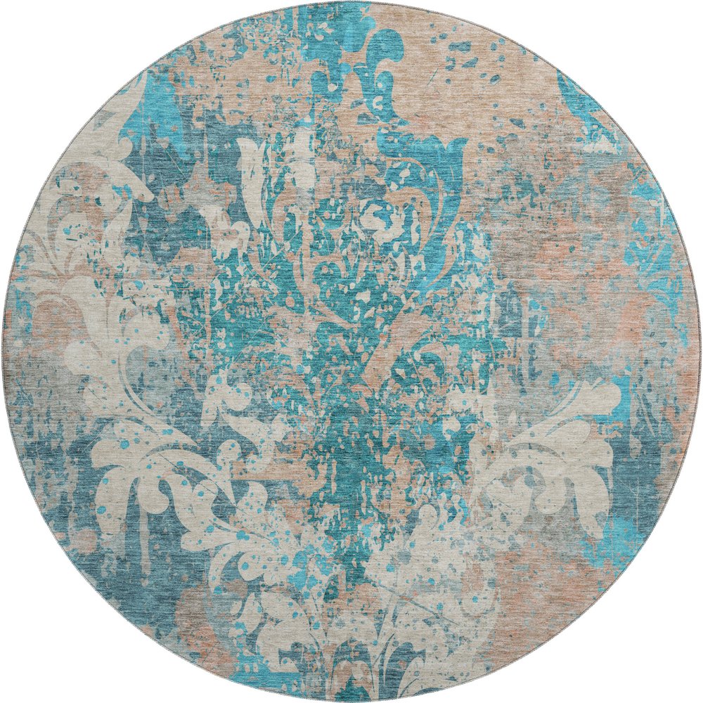 Premium Machine Washable Mayfield AMF936 Teal 8' x 8' Round Rug. Picture 1