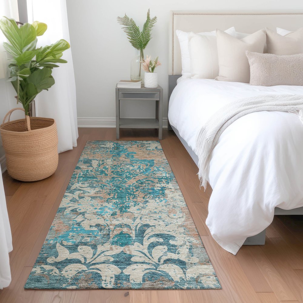 Premium Machine Washable Mayfield AMF936 Teal 2'3" x 7'6" Runner Rug. Picture 5