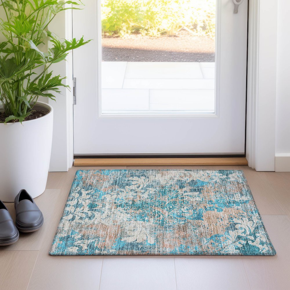 Premium Machine Washable Mayfield AMF936 Teal 1'8" x 2'6" Rug. Picture 5