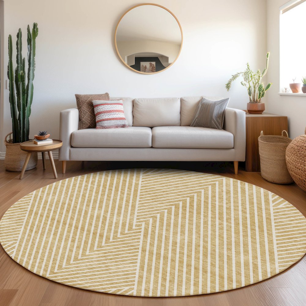 Premium Machine Washable Mayfield AMF937 Gold 8' x 8' Round Rug. Picture 5