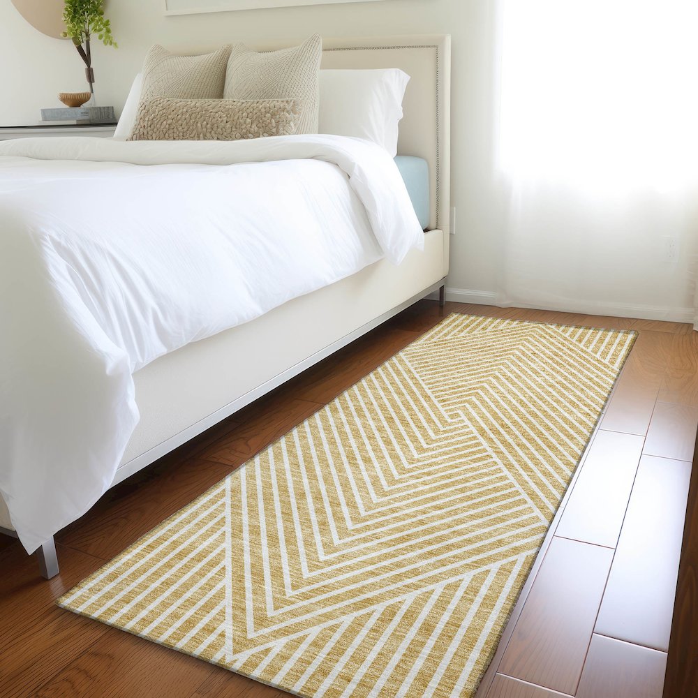 Premium Machine Washable Mayfield AMF937 Gold 2'3" x 7'6" Runner Rug. Picture 5