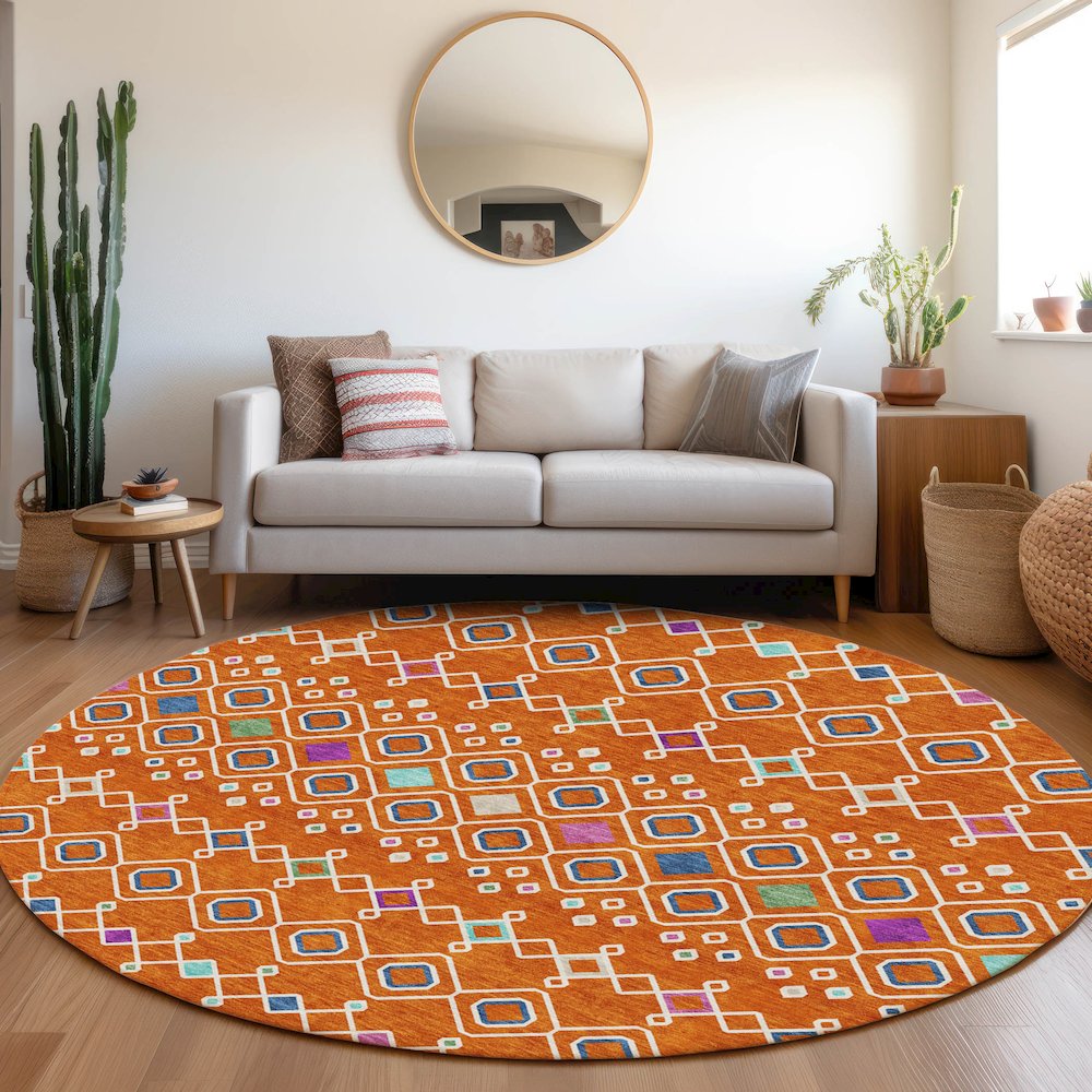 Premium Machine Washable Mayfield AMF938 Orange 8' x 8' Round Rug. Picture 5