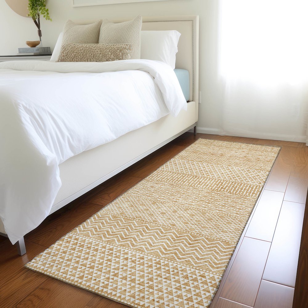 Premium Machine Washable Mayfield AMF939 Gold 2'3" x 7'6" Runner Rug. Picture 5