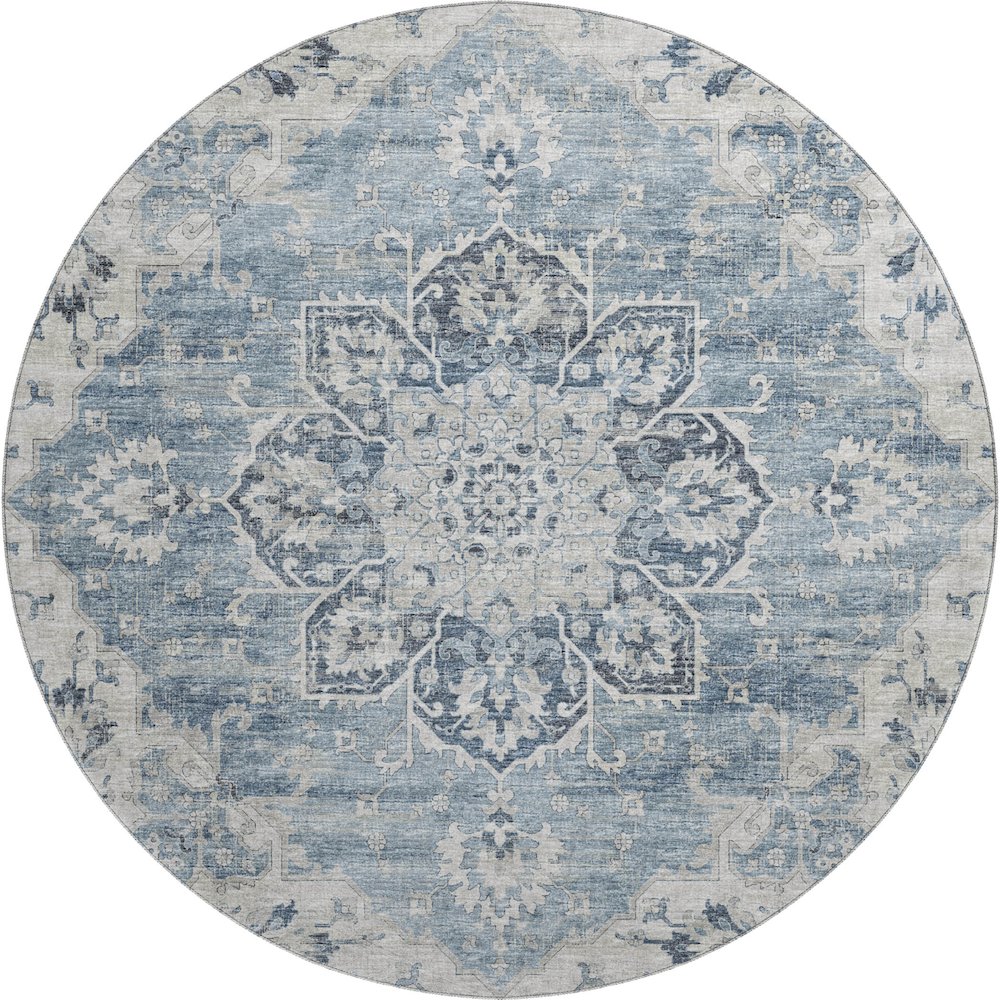 Premium Machine Washable Mayfield  Blue 8' x 8' Round Rug. Picture 1