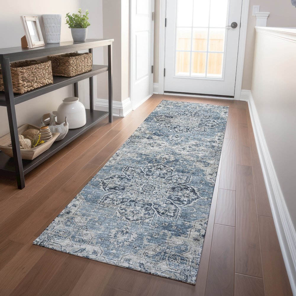 Premium Machine Washable Mayfield  Blue 2'3" x 7'6" Runner Rug. Picture 5
