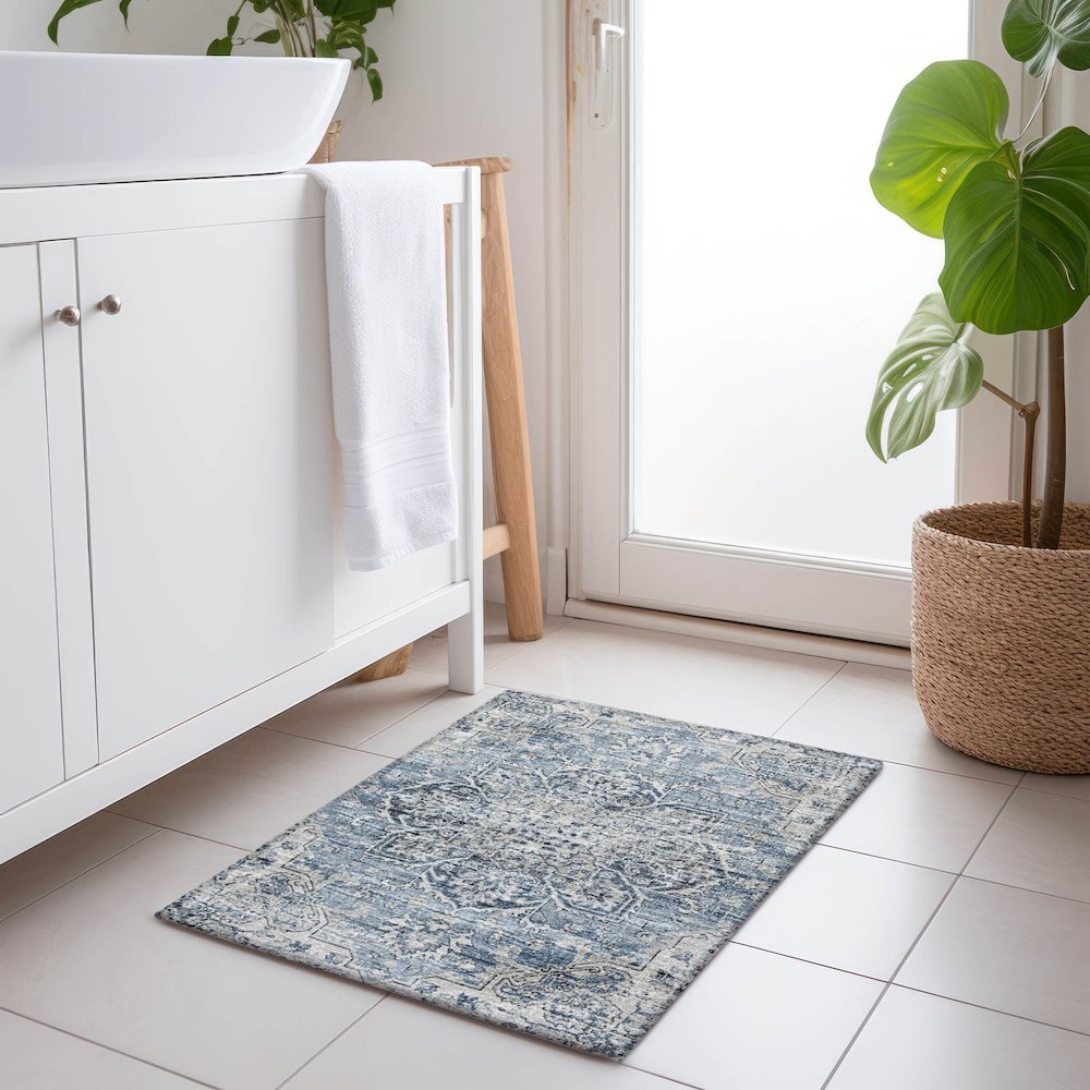 Premium Machine Washable Mayfield  Blue 1'8" x 2'6" Rug. Picture 5