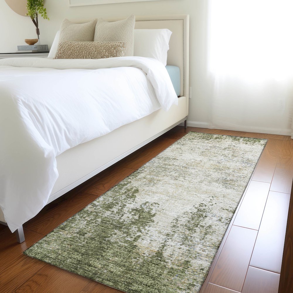Premium Machine Washable Mayfield AMF940 Olive 2'3" x 7'6" Runner Rug. Picture 5