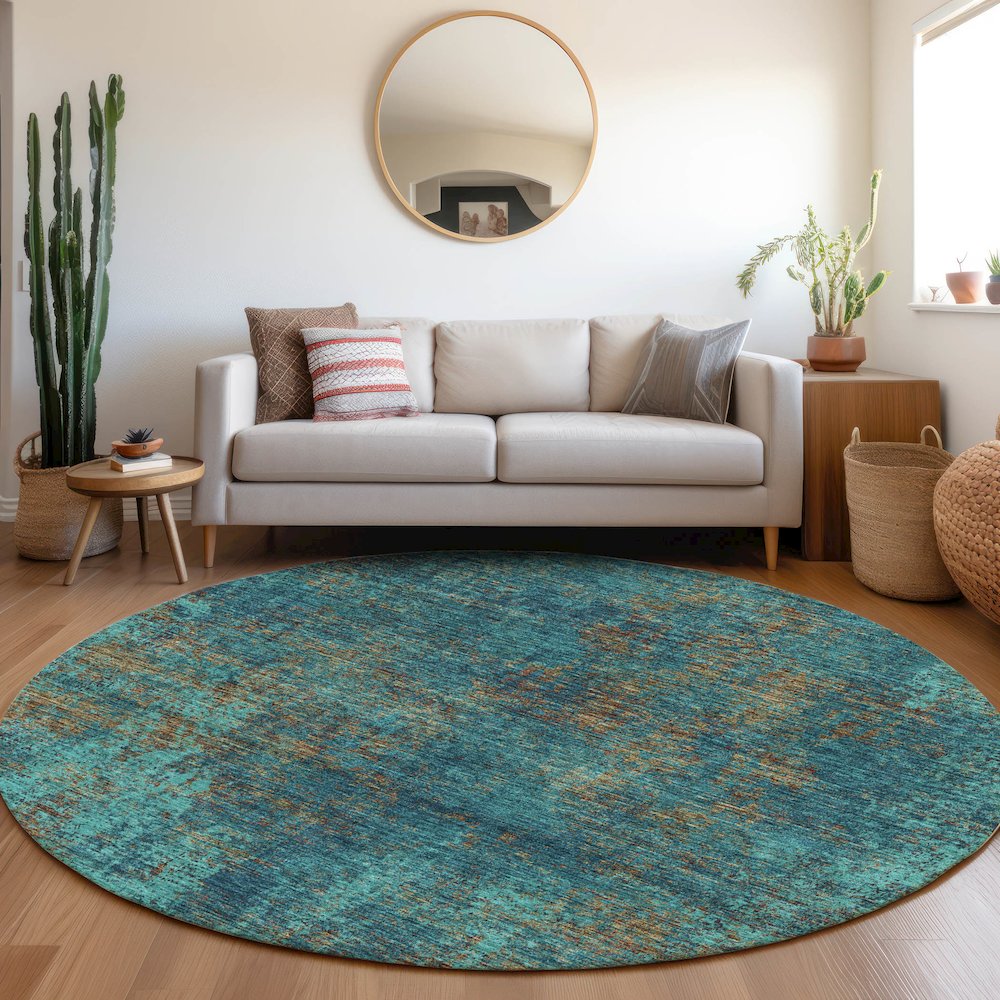 Premium Machine Washable Mayfield AMF940 Teal 8' x 8' Round Rug. Picture 5