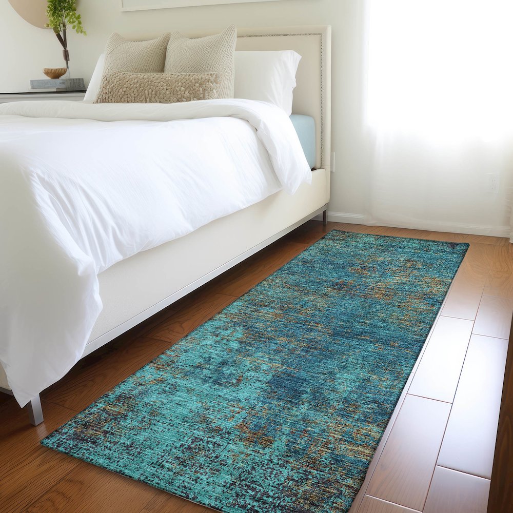 Premium Machine Washable Mayfield AMF940 Teal 2'3" x 7'6" Runner Rug. Picture 5