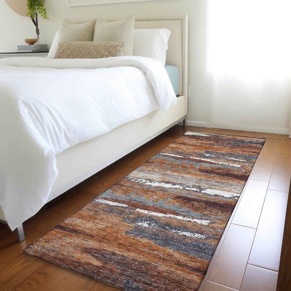 Premium Machine Washable Mayfield AMF942 Copper 2'3" x 7'6" Runner Rug. Picture 5