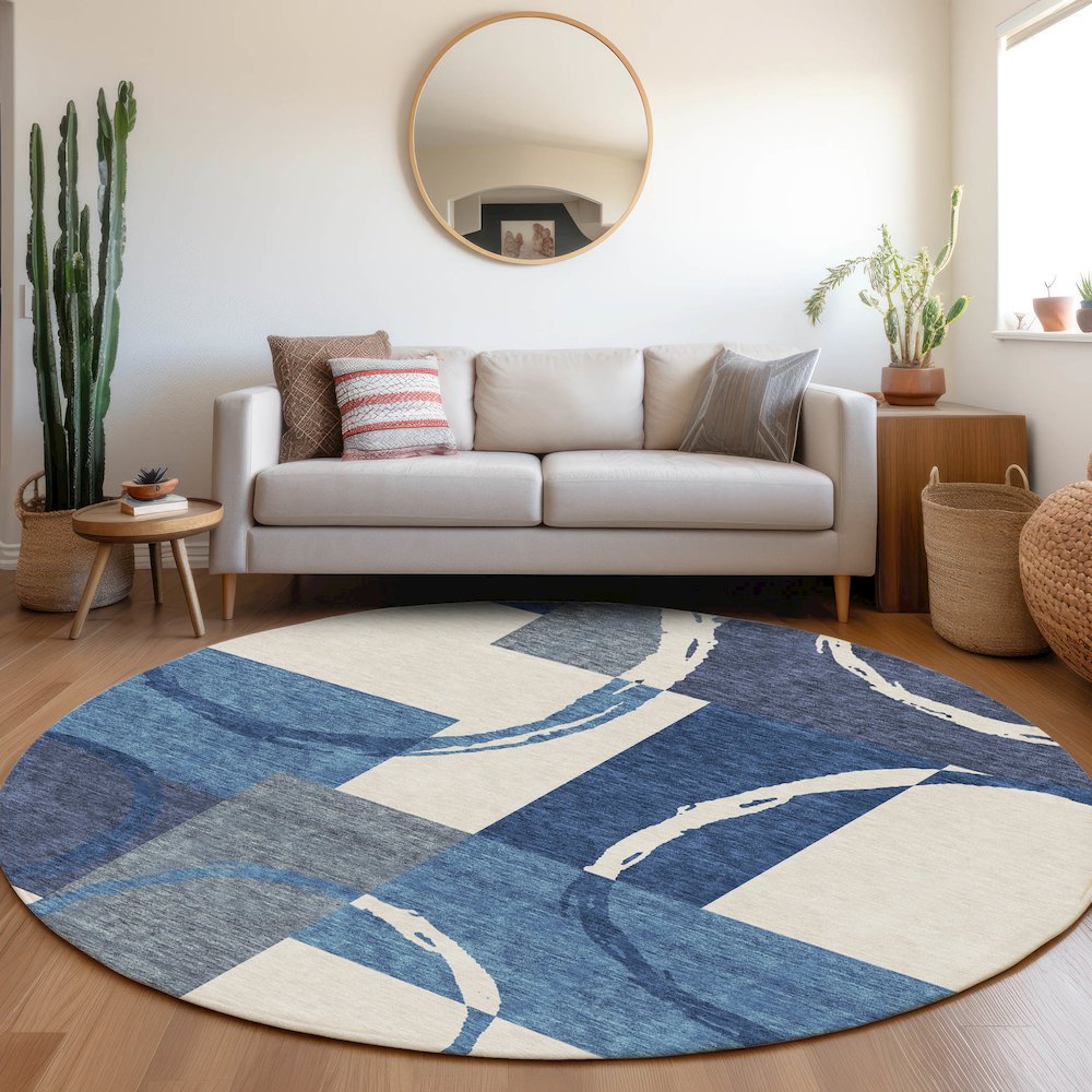 Premium Machine Washable Mayfield AMF943 Blue 8' x 8' Round Rug. Picture 5