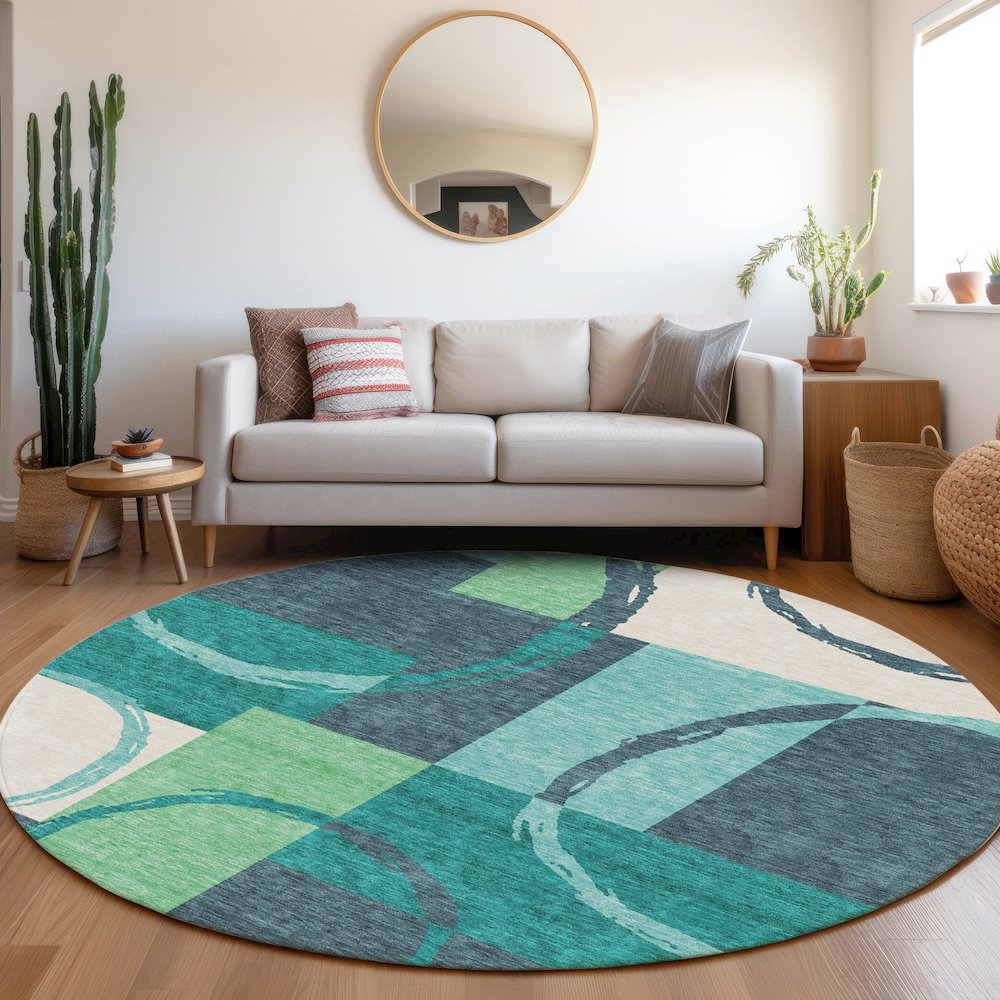 Premium Machine Washable Mayfield AMF943 Teal 8' x 8' Round Rug. Picture 5