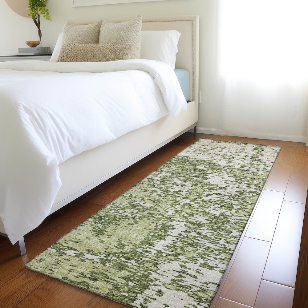 Premium Machine Washable Mayfield AMF946 Olive 2'3" x 7'6" Runner Rug. Picture 5