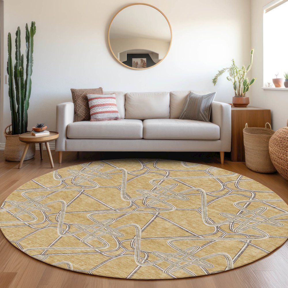 Premium Machine Washable Mayfield AMF947 Gold 8' x 8' Round Rug. Picture 5