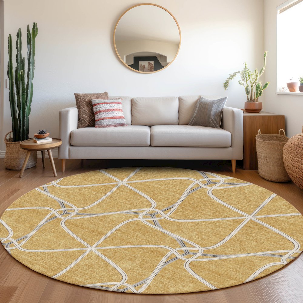Premium Machine Washable Mayfield AMF948 Gold 8' x 8' Round Rug. Picture 5