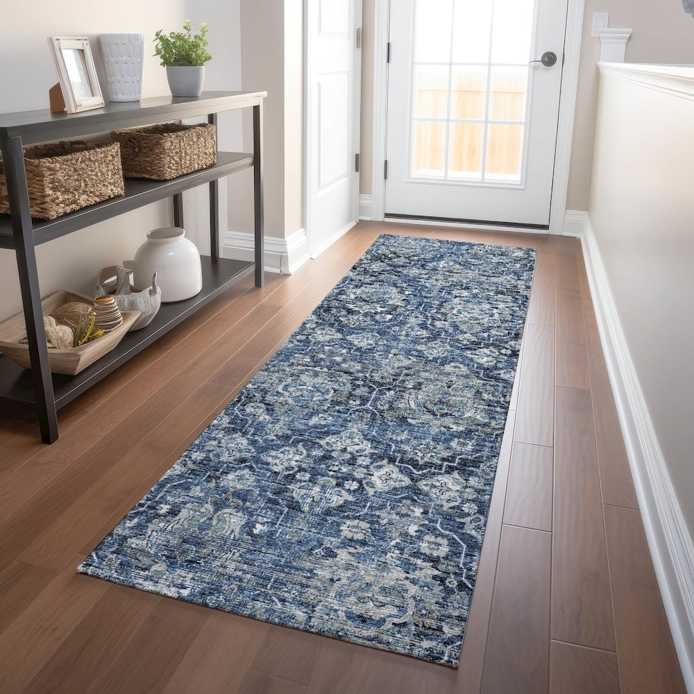 Premium Machine Washable Mayfield  Blue 2'3" x 7'6" Runner Rug. Picture 5