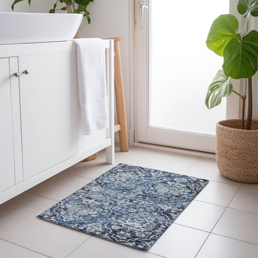 Premium Machine Washable Mayfield  Blue 1'8" x 2'6" Rug. Picture 5