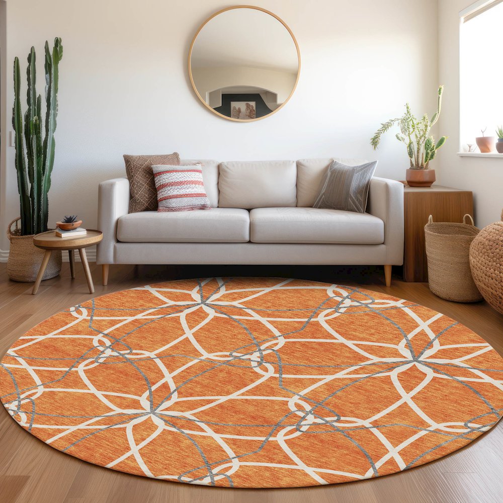 Premium Machine Washable Mayfield AMF950 Orange 8' x 8' Round Rug. Picture 5
