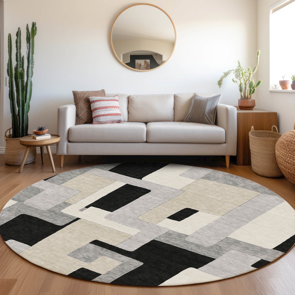 Premium Machine Washable Mayfield AMF955 Black 8' x 8' Round Rug. Picture 5