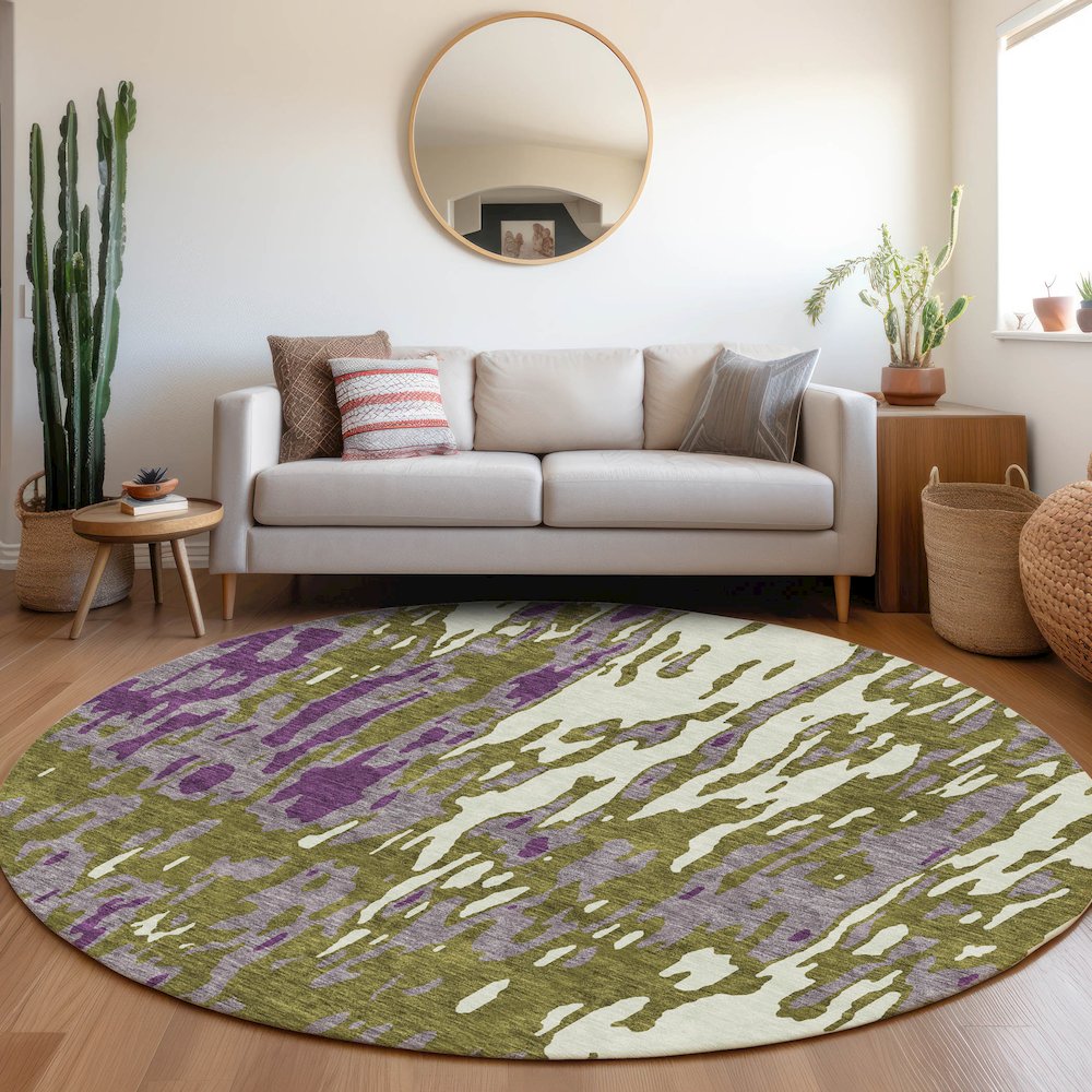 Premium Machine Washable Mayfield AMF957 Olive 8' x 8' Round Rug. Picture 5