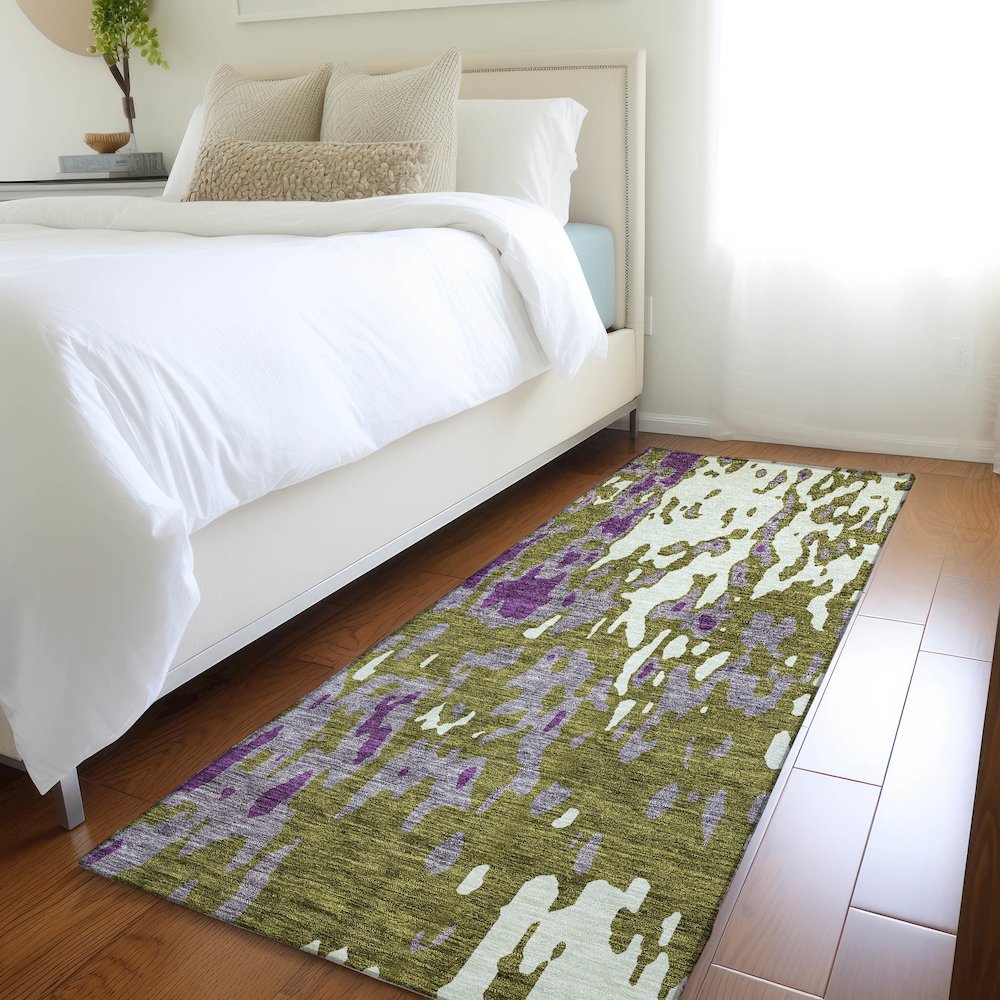 Premium Machine Washable Mayfield AMF957 Olive 2'3" x 7'6" Runner Rug. Picture 5