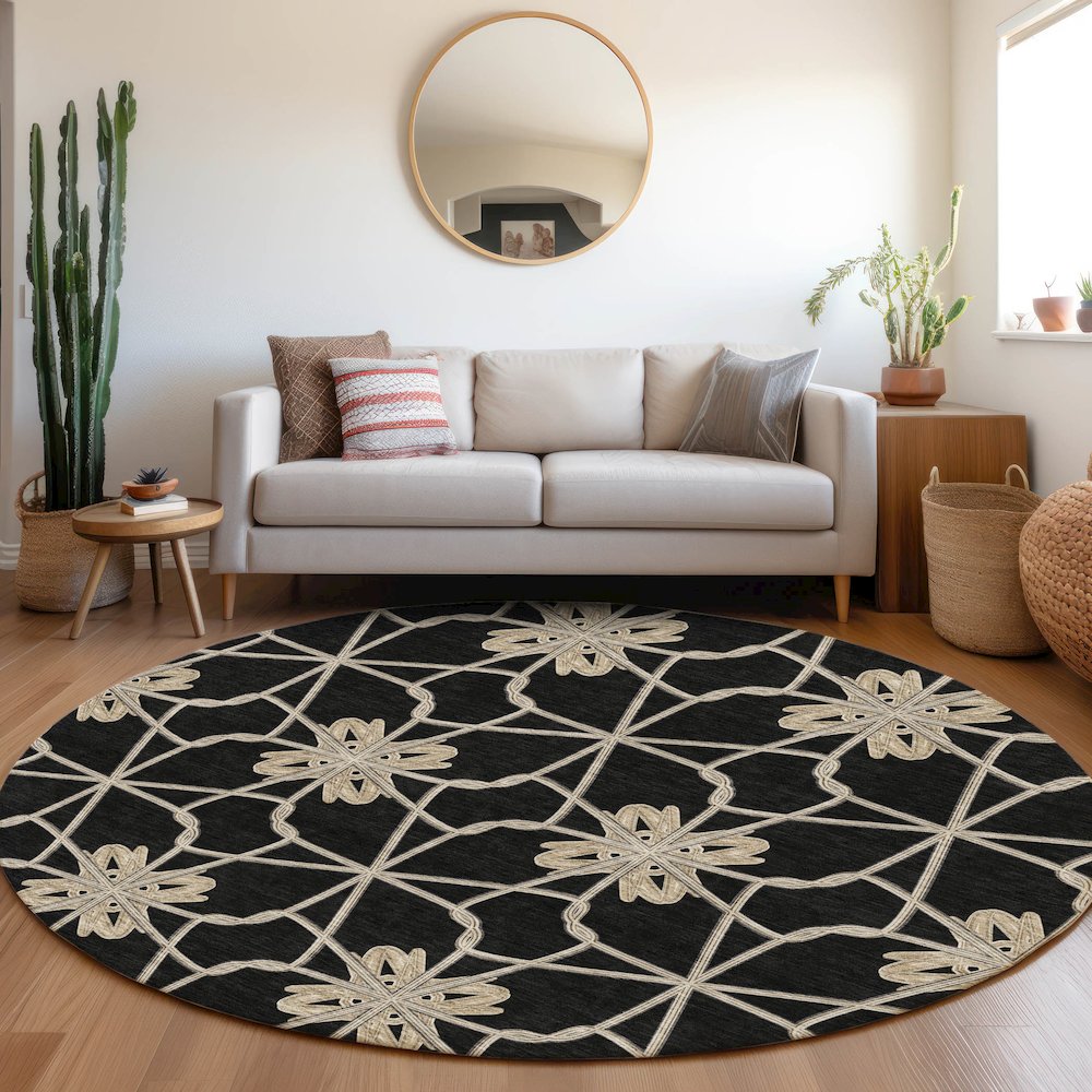 Premium Machine Washable Mayfield AMF958 Black 8' x 8' Round Rug. Picture 5