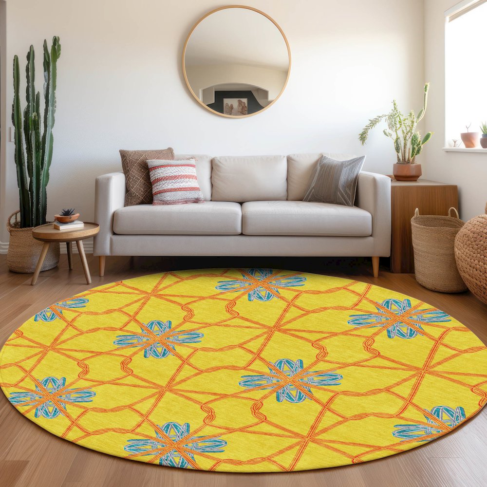 Premium Machine Washable Mayfield AMF958 Yellow 8' x 8' Round Rug. Picture 5