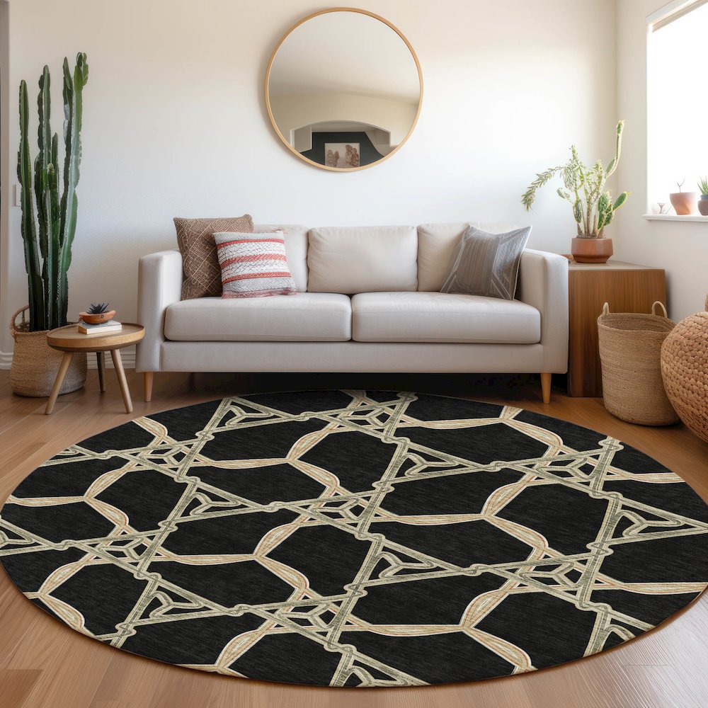 Premium Machine Washable Mayfield AMF959 Black 8' x 8' Round Rug. Picture 5