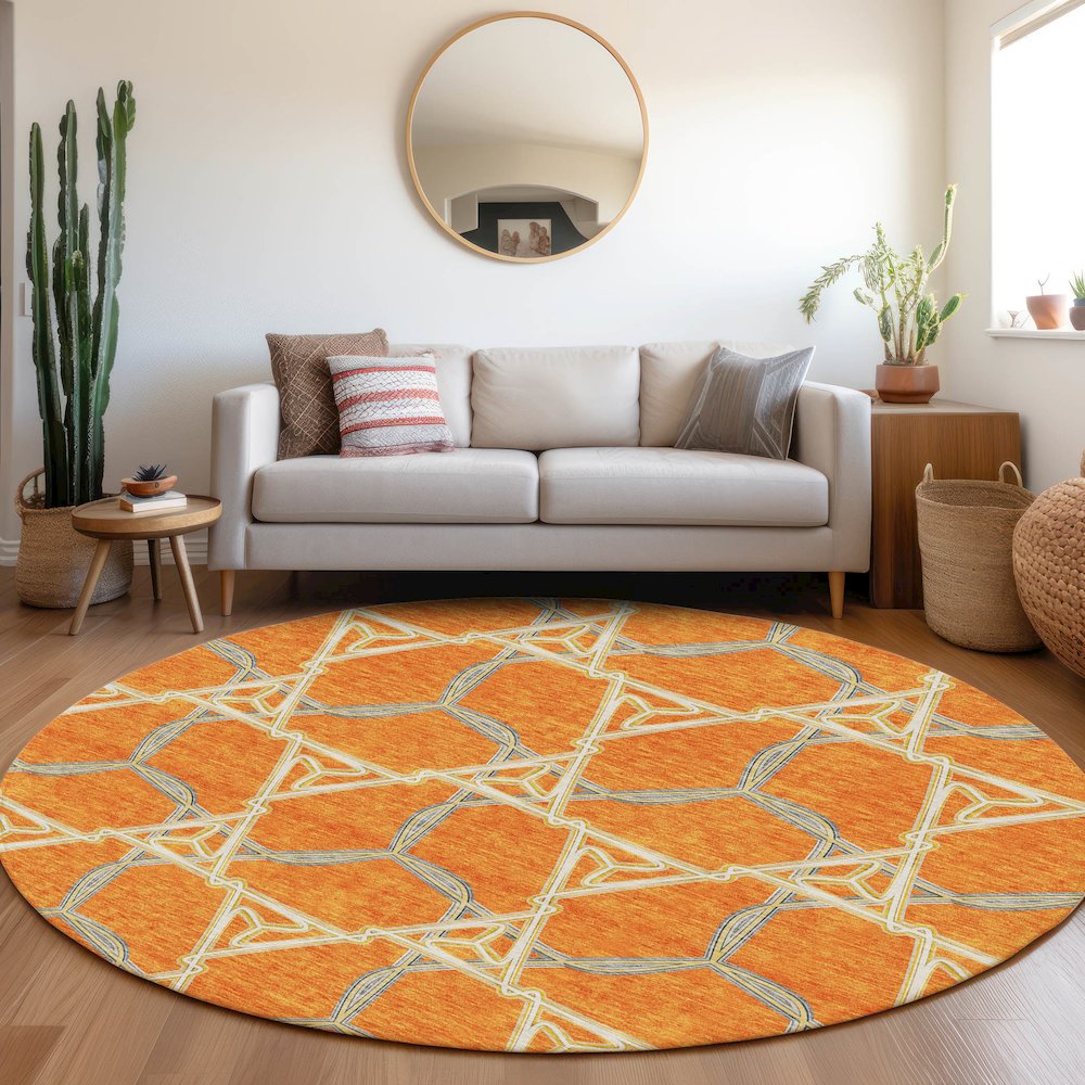Premium Machine Washable Mayfield AMF959 Orange 8' x 8' Round Rug. Picture 5
