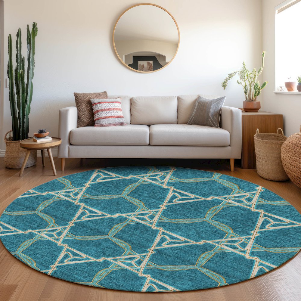 Premium Machine Washable Mayfield AMF959 Teal 8' x 8' Round Rug. Picture 5