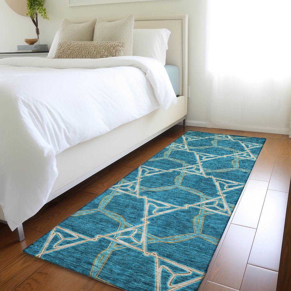 Premium Machine Washable Mayfield AMF959 Teal 2'3" x 7'6" Runner Rug. Picture 5